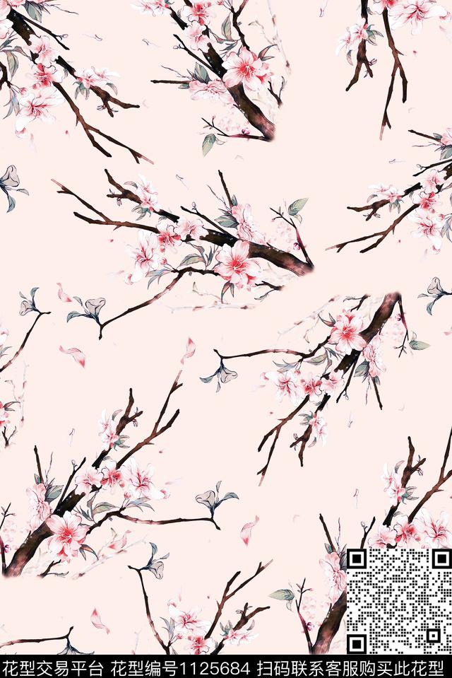 女装手绘花卉桃花数码印花华亿平台下载（图片编号: 1125684） - 瓦栏（Walan）