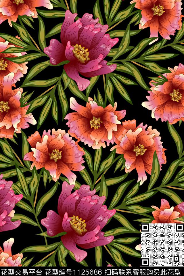 牡丹纹理水墨风数码印花华亿平台下载（图片编号: 1125686） - 瓦栏（Walan）