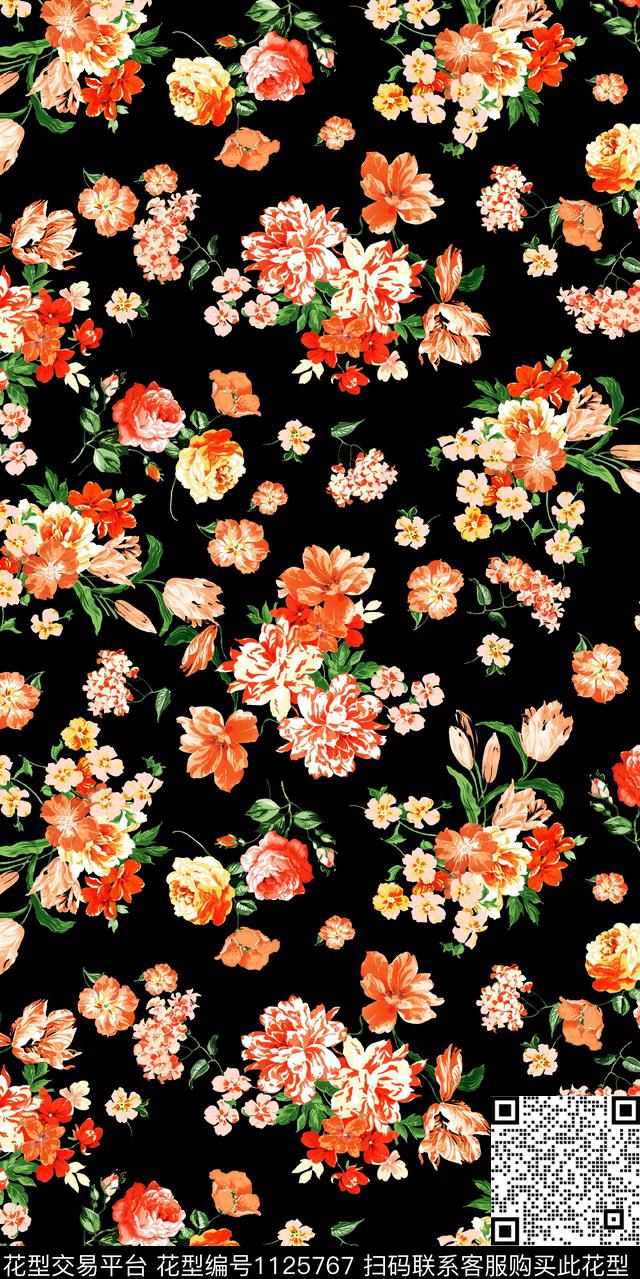 数码华亿平台黑底花卉民族风数码印花华亿平台下载（图片编号: 1125767） - 瓦栏（Walan）