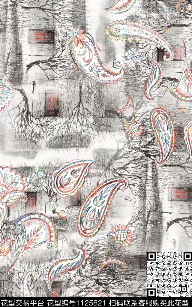 肌理佩斯利民族风数码印花华亿平台下载（图片编号: 1125821） - 瓦栏（Walan）