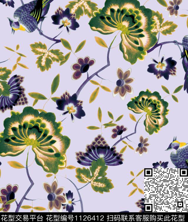 彩底花卉鸟大牌风数码印花华亿平台下载（图片编号: 1126412） - 瓦栏（Walan）