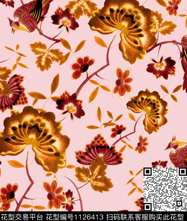 彩底花卉鸟大牌风数码印花华亿平台下载（图片编号: 1126413） - 瓦栏（Walan）