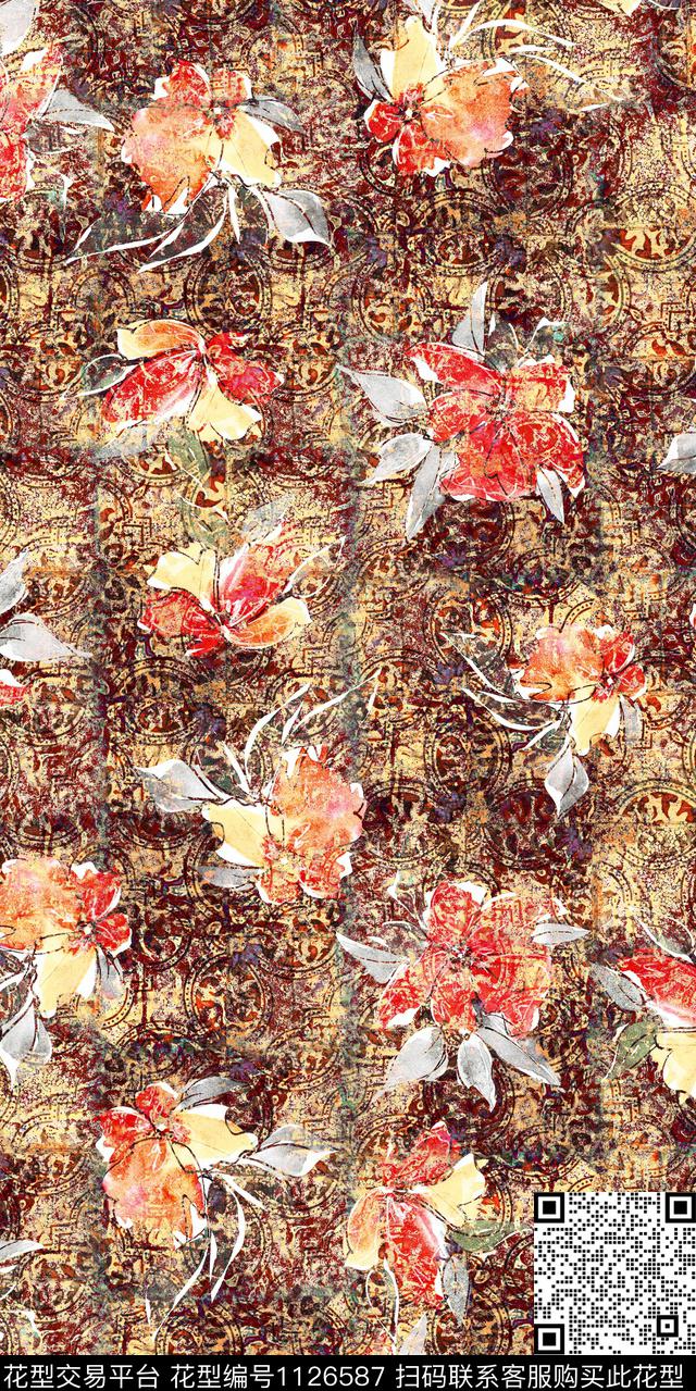 数码华亿平台花卉民族风数码印花华亿平台下载（图片编号: 1126587） - 瓦栏（Walan）