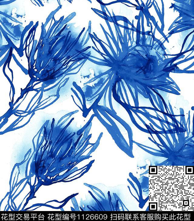手绘笔触蓝墨水数码印花华亿平台下载（图片编号: 1126609） - 瓦栏（Walan）