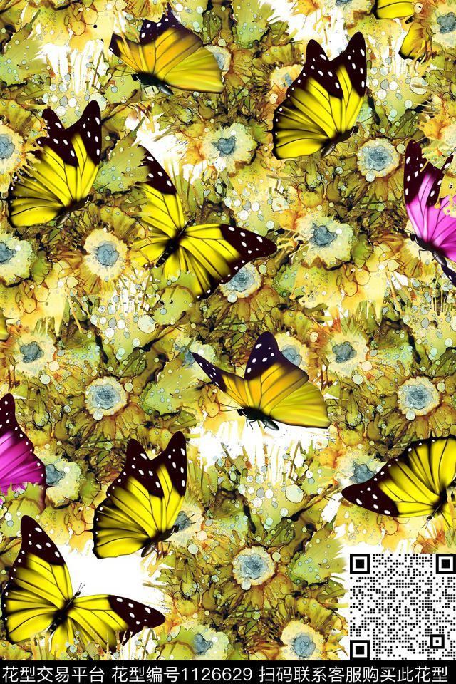 时尚蝴蝶飞成片花卉数码印花华亿平台下载（图片编号: 1126629） - 瓦栏（Walan）