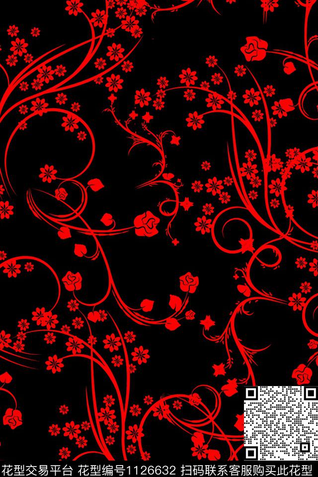 黑底花卉几何矢量数码印花华亿平台下载（图片编号: 1126632） - 瓦栏（Walan）
