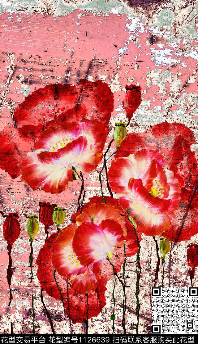 笔触花卉定位花数码印花华亿平台下载（图片编号: 1126639） - 瓦栏（Walan）