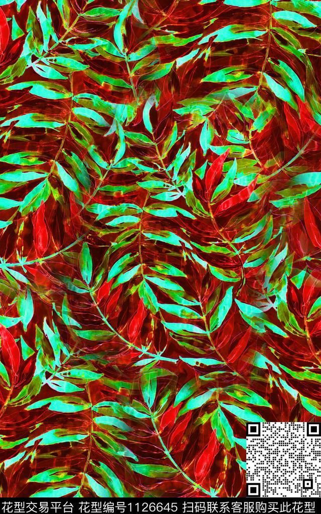 笔触线条绿植树叶数码印花华亿平台下载（图片编号: 1126645） - 瓦栏（Walan）