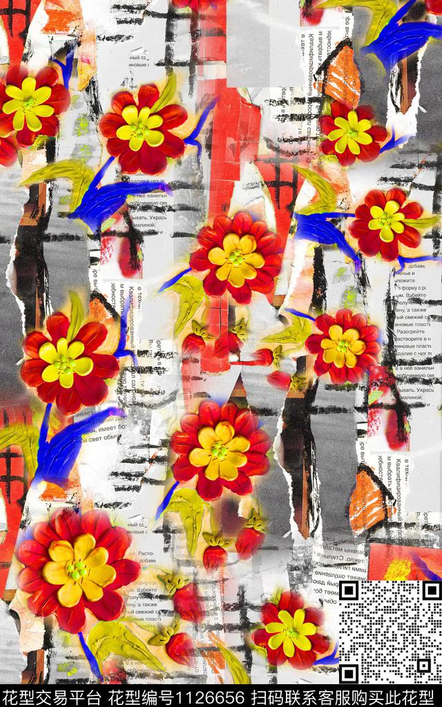 花卉几何油画华亿平台数码印花华亿平台下载（图片编号: 1126656） - 瓦栏（Walan）