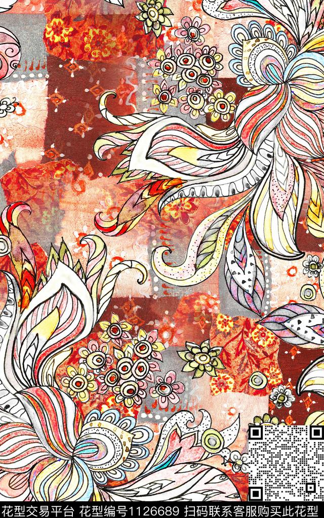 复古抽象花卉数码印花华亿平台下载（图片编号: 1126689） - 瓦栏（Walan）