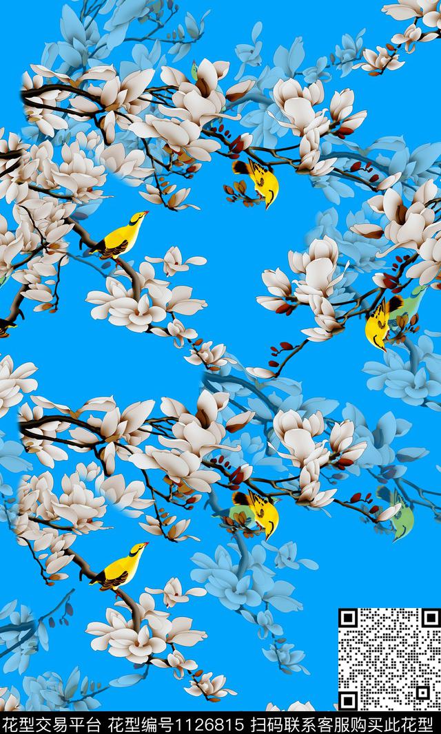 旗袍玉兰花花鸟数码印花华亿平台下载（图片编号: 1126815） - 瓦栏（Walan）