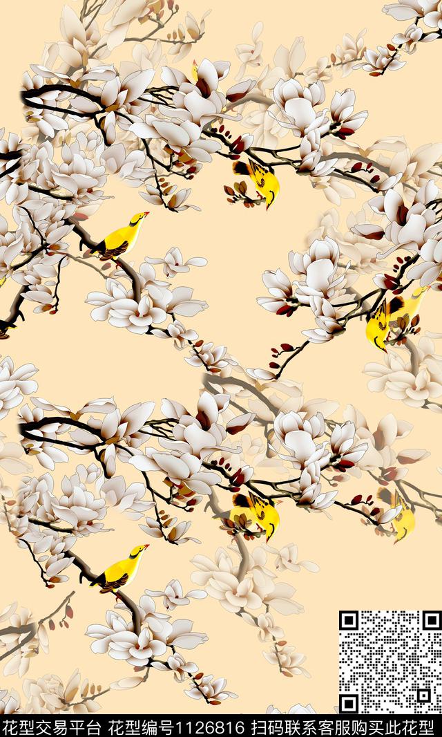 旗袍玉兰花花鸟数码印花华亿平台下载（图片编号: 1126816） - 瓦栏（Walan）