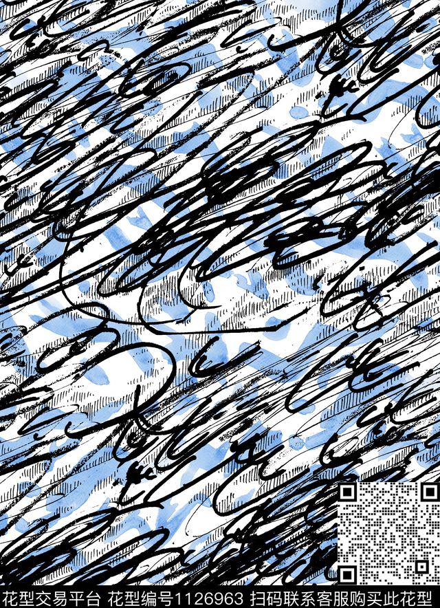 手绘笔触黑白华亿平台数码印花华亿平台下载（图片编号: 1126963） - 瓦栏（Walan）