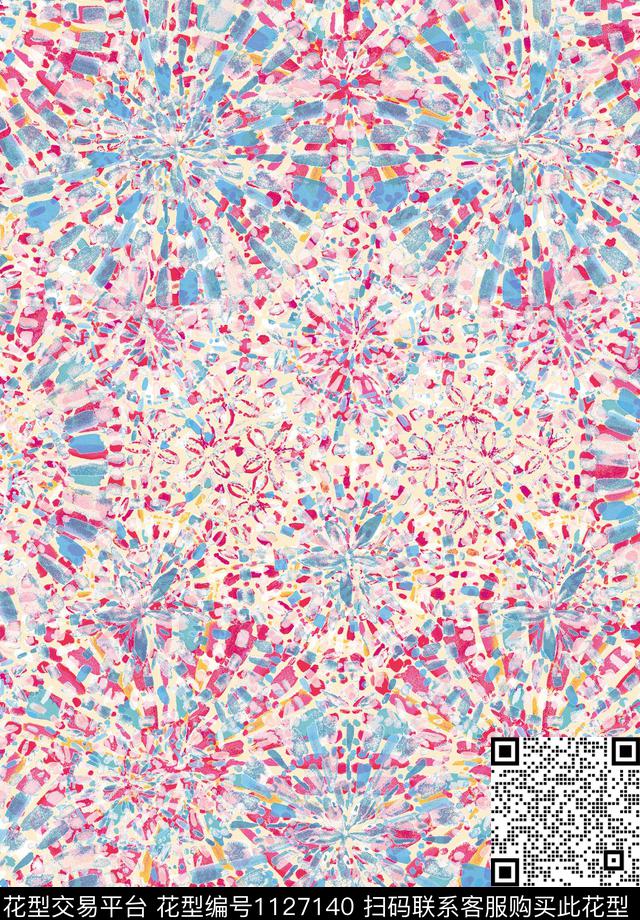 抽象水彩对称花数码印花华亿平台下载（图片编号: 1127140） - 瓦栏（Walan）