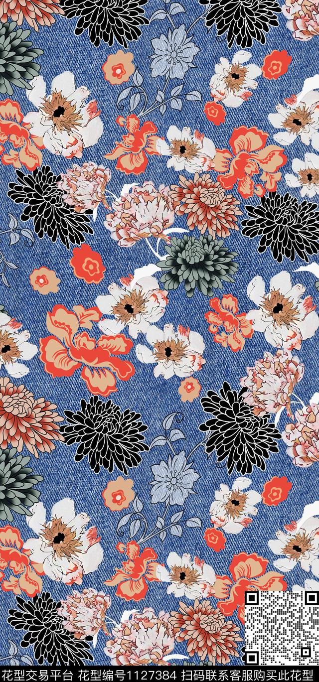 牡丹抽象花卉牛仔数码印花华亿平台下载（图片编号: 1127384） - 瓦栏（Walan）