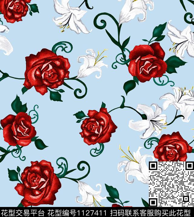 大牌风玫瑰花清爽底花卉数码印花华亿平台下载（图片编号: 1127411） - 瓦栏（Walan）