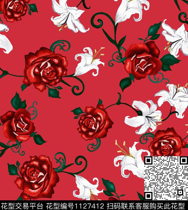 牡丹大牌风玫瑰花数码印花华亿平台下载（图片编号: 1127412） - 瓦栏（Walan）