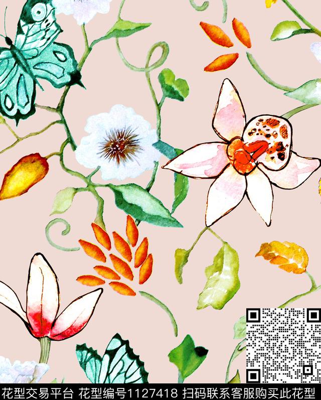 手绘花卉彩底花卉大牌风数码印花华亿平台下载（图片编号: 1127418） - 瓦栏（Walan）