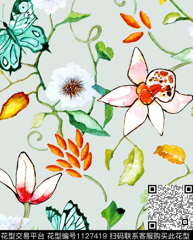 手绘花卉彩底花卉大牌风数码印花华亿平台下载（图片编号: 1127419） - 瓦栏（Walan）