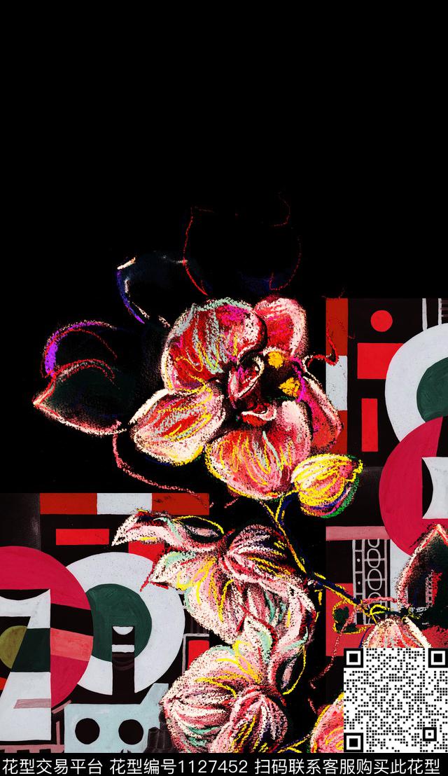 大花几何定位花数码印花华亿平台下载（图片编号: 1127452） - 瓦栏（Walan）