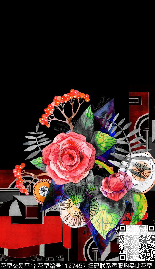 大花几何定位花数码印花华亿平台下载（图片编号: 1127457） - 瓦栏（Walan）