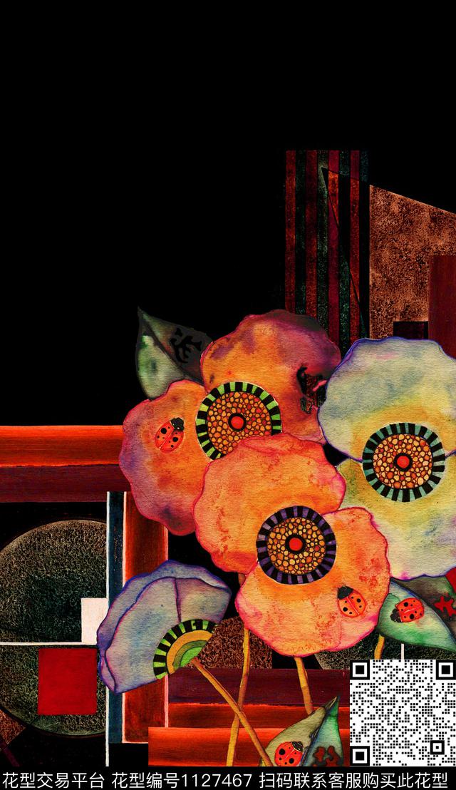 大花几何定位花数码印花华亿平台下载（图片编号: 1127467） - 瓦栏（Walan）