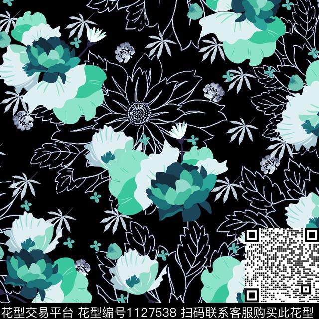 花卉黑底花卉手绘大花数码印花华亿平台下载（图片编号: 1127538） - 瓦栏（Walan）