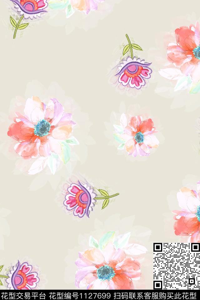 花卉数码华亿平台满版散花数码印花华亿平台下载（图片编号: 1127699） - 瓦栏（Walan）