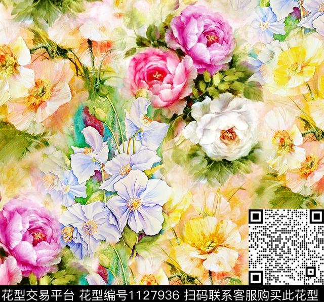 花卉彩底花卉水彩花卉数码印花华亿平台下载（图片编号: 1127936） - 瓦栏（Walan）
