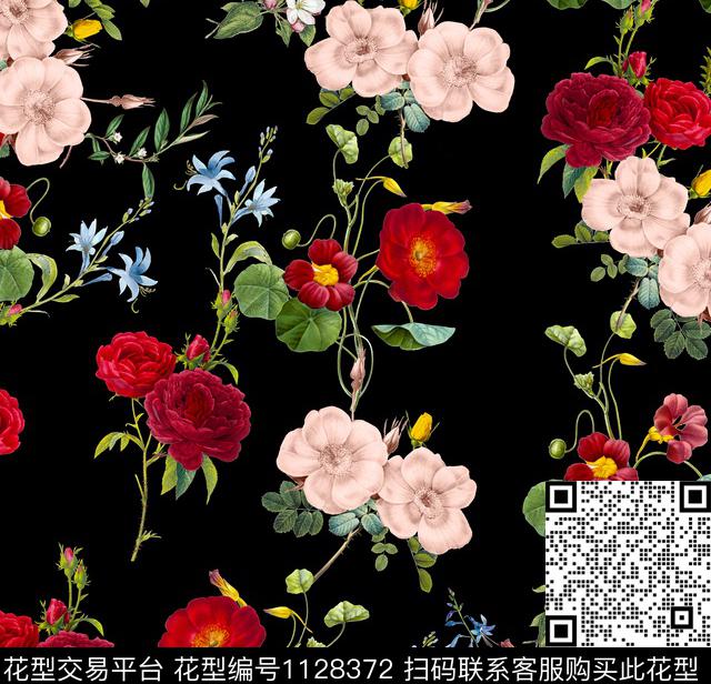 玫瑰花红花春夏华亿平台传统印花华亿平台下载（图片编号: 1128372） - 瓦栏（Walan）
