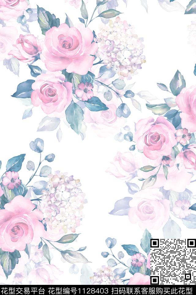 蔷薇花水彩花卉花簇花朵数码印花华亿平台下载（图片编号: 1128403） - 瓦栏（Walan）