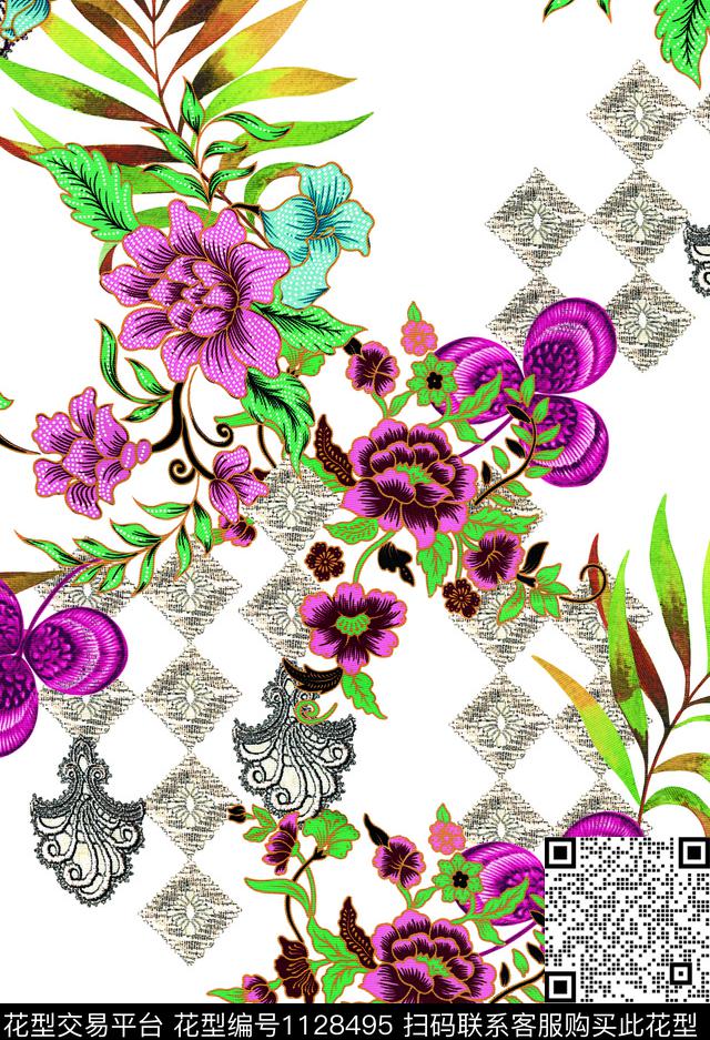 时尚花卉蝴蝶大花数码印花华亿平台下载（图片编号: 1128495） - 瓦栏（Walan）