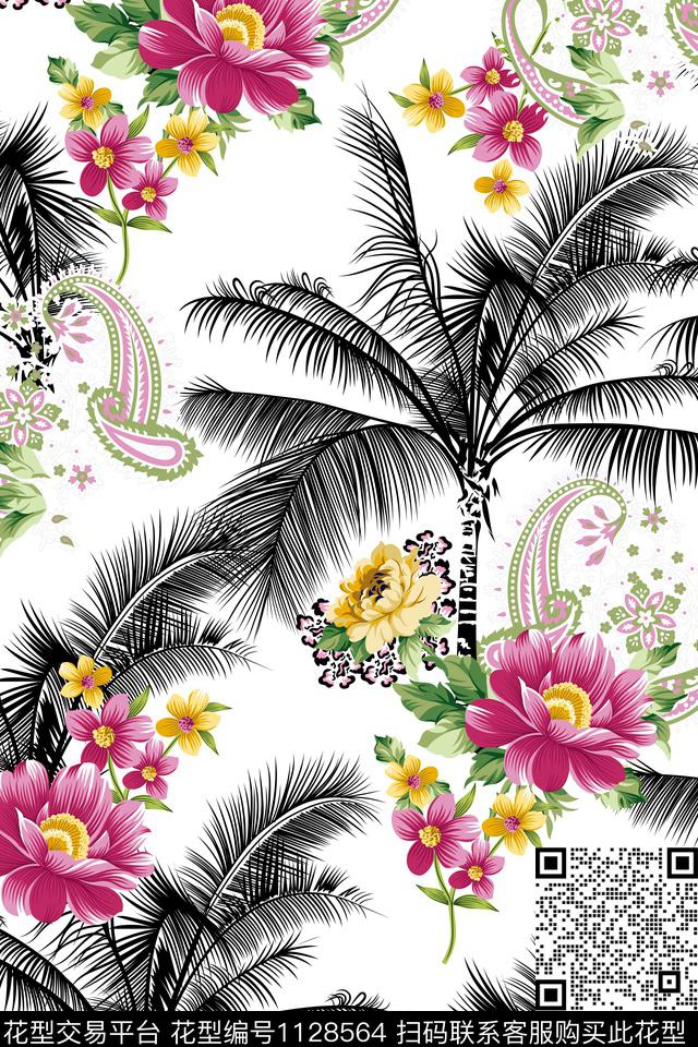 棕榈树花卉佩斯利数码印花华亿平台下载（图片编号: 1128564） - 瓦栏（Walan）