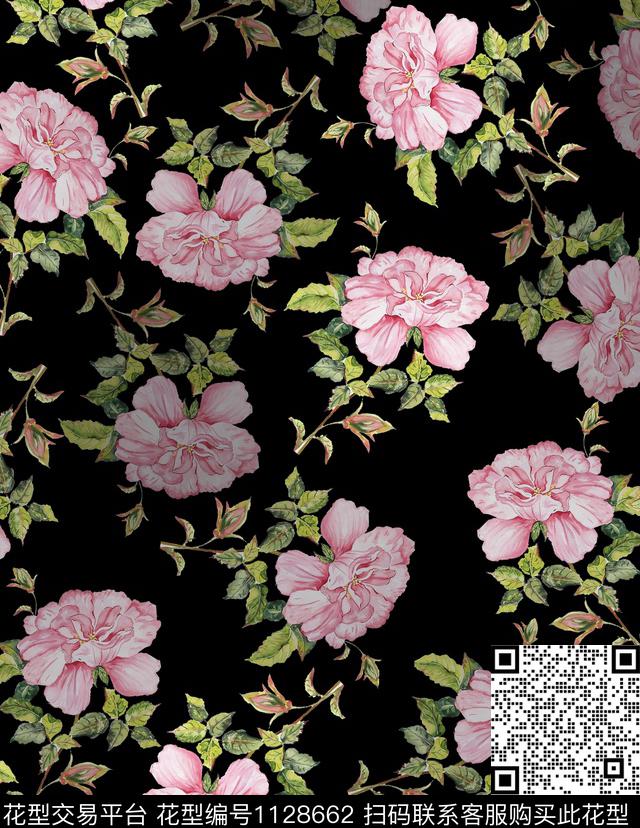 黑底花卉花卉手绘花卉数码印花华亿平台下载（图片编号: 1128662） - 瓦栏（Walan）