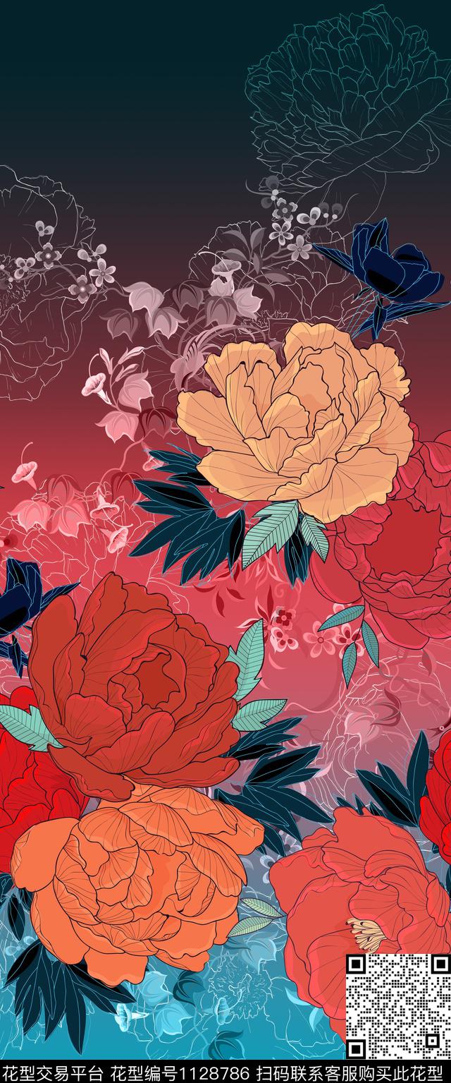 渐变定位花花卉植物数码印花华亿平台下载（图片编号: 1128786） - 瓦栏（Walan）