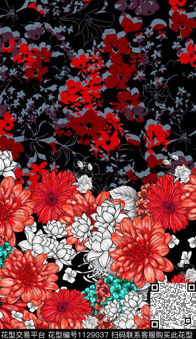 抽象花卉花卉线条数码印花华亿平台下载（图片编号: 1129037） - 瓦栏（Walan）