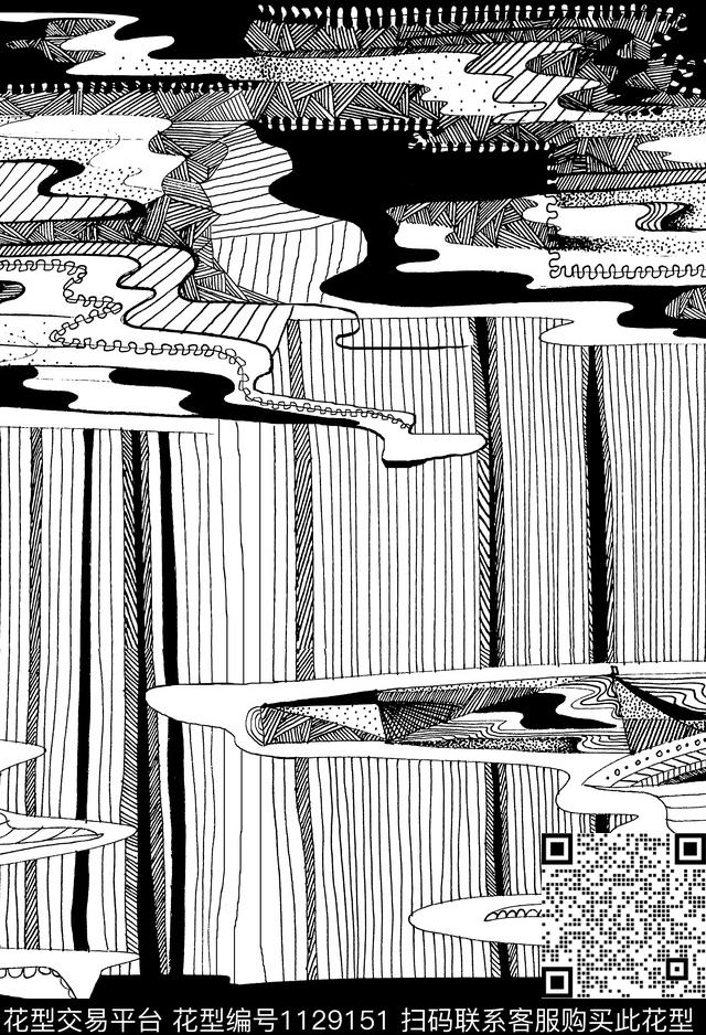 几何二方连续黑白华亿平台数码印花华亿平台下载（图片编号: 1129151） - 瓦栏（Walan）