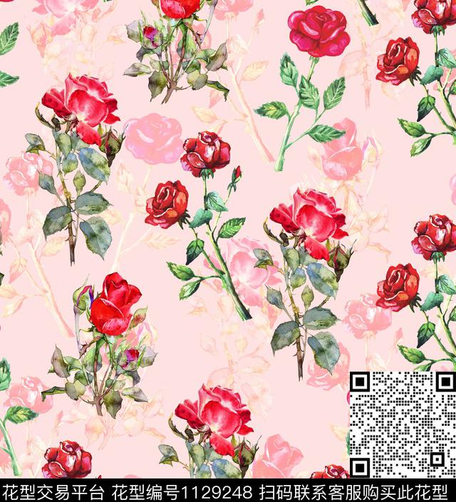 花卉水彩花卉玫瑰花数码印花华亿平台下载（图片编号: 1129248） - 瓦栏（Walan）
