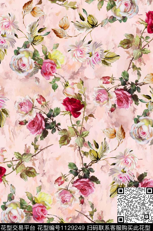 花卉玫瑰花彩底花卉数码印花华亿平台下载（图片编号: 1129249） - 瓦栏（Walan）