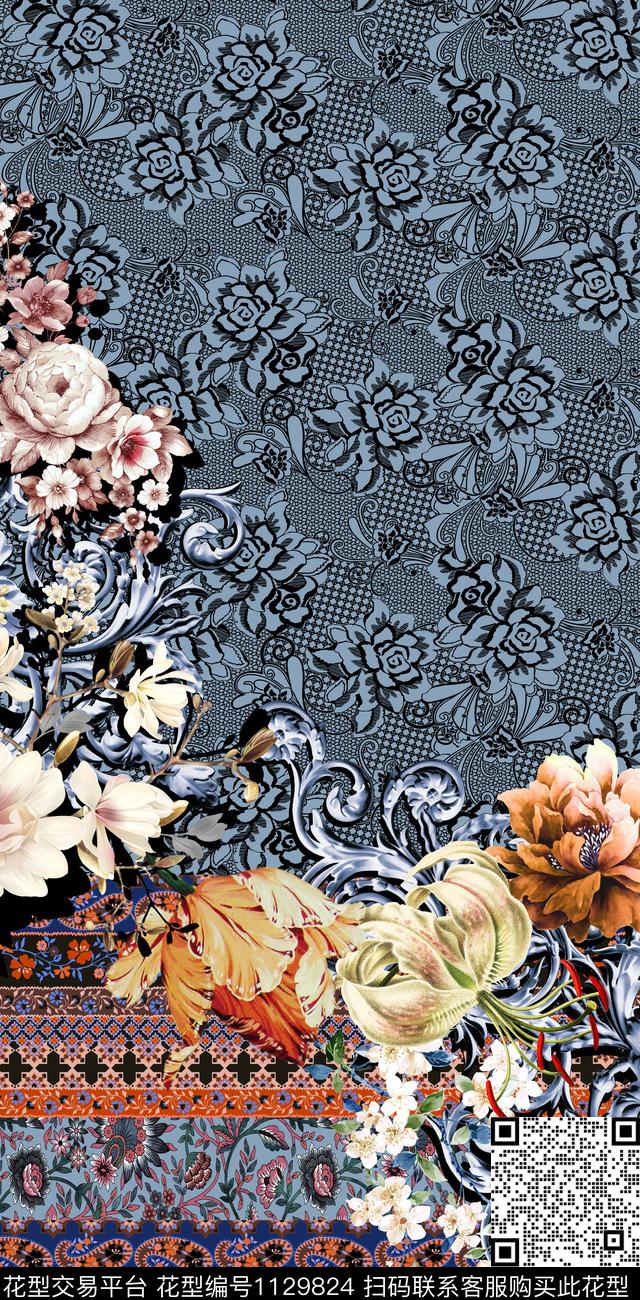 传统花纹民族风花卉定位数码印花华亿平台下载（图片编号: 1129824） - 瓦栏（Walan）