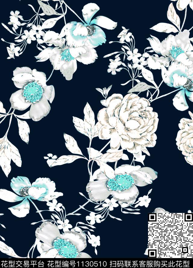 秋冬华亿平台手绘花卉玫瑰花数码印花华亿平台下载（图片编号: 1130510） - 瓦栏（Walan）