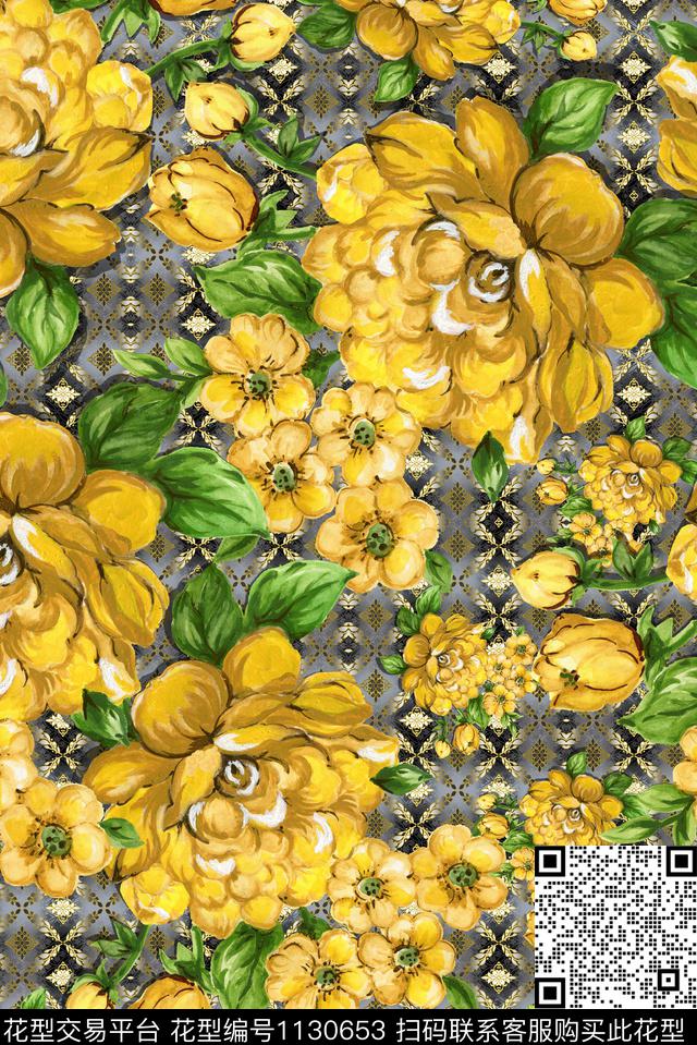 手绘花卉花纹数码印花华亿平台下载（图片编号: 1130653） - 瓦栏（Walan）
