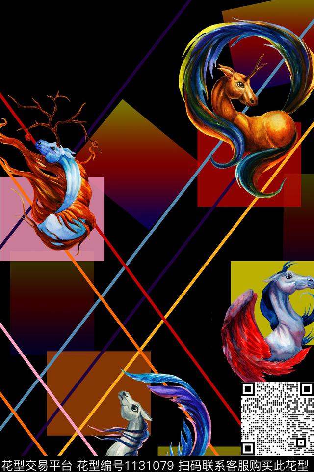 线条手绘马数码印花华亿平台下载（图片编号: 1131079） - 瓦栏（Walan）