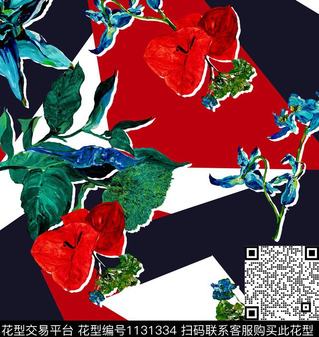 几何花卉黑红新品数码印花华亿平台下载（图片编号: 1131334） - 瓦栏（Walan）