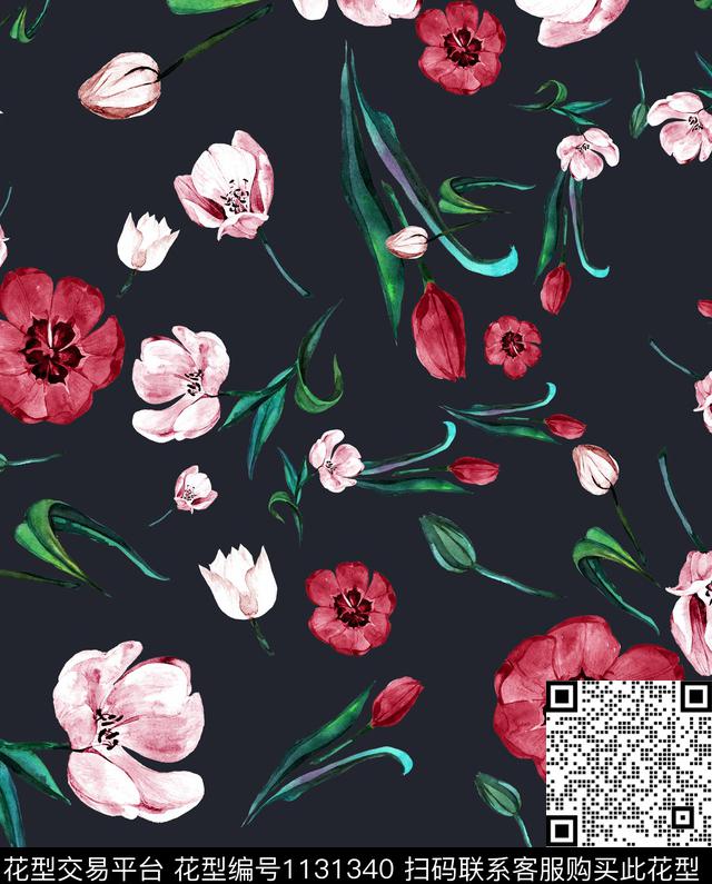 郁金香小碎花黑底花卉数码印花华亿平台下载（图片编号: 1131340） - 瓦栏（Walan）