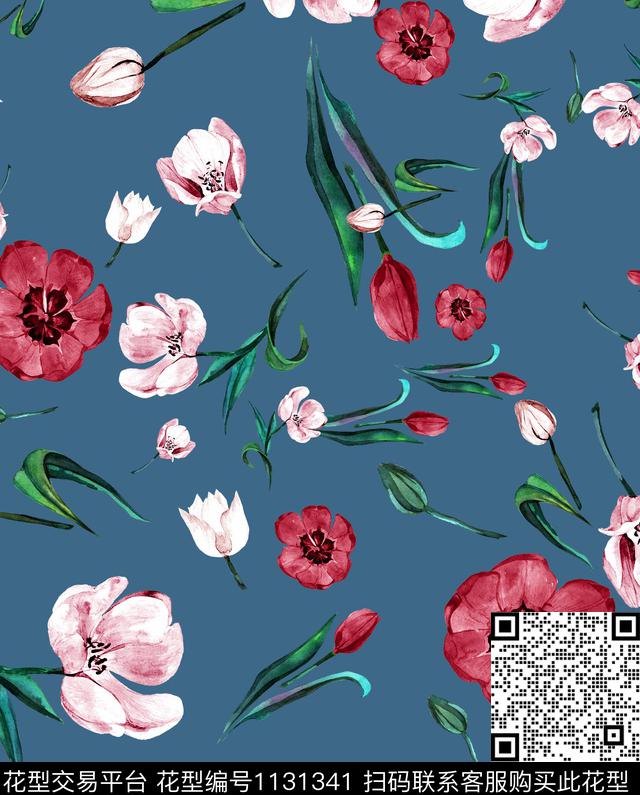 郁金香小碎花黑底花卉数码印花华亿平台下载（图片编号: 1131341） - 瓦栏（Walan）