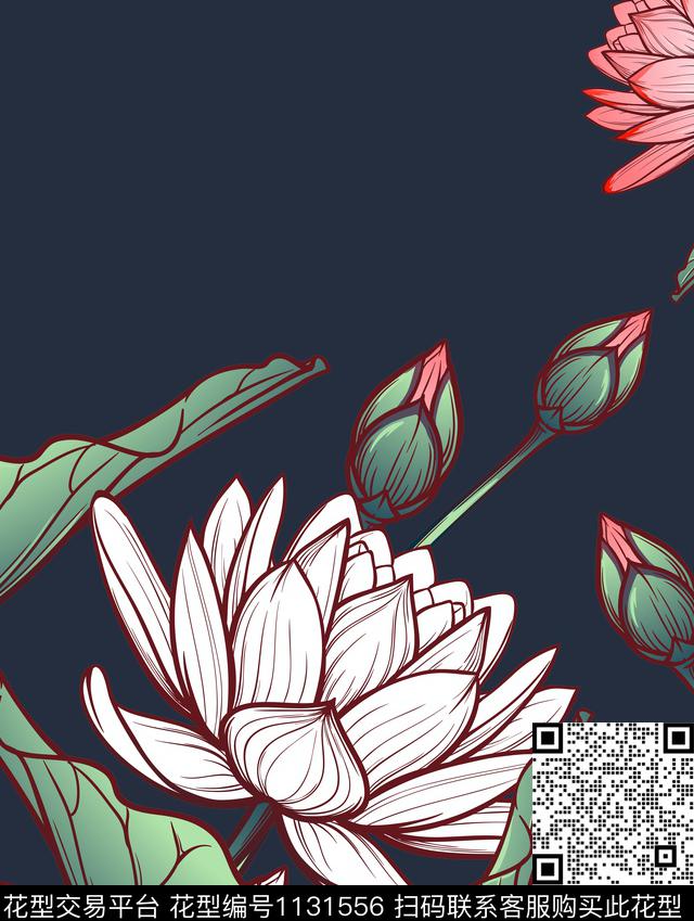 荷花胸前独幅定位花数码印花华亿平台下载（图片编号: 1131556） - 瓦栏（Walan）