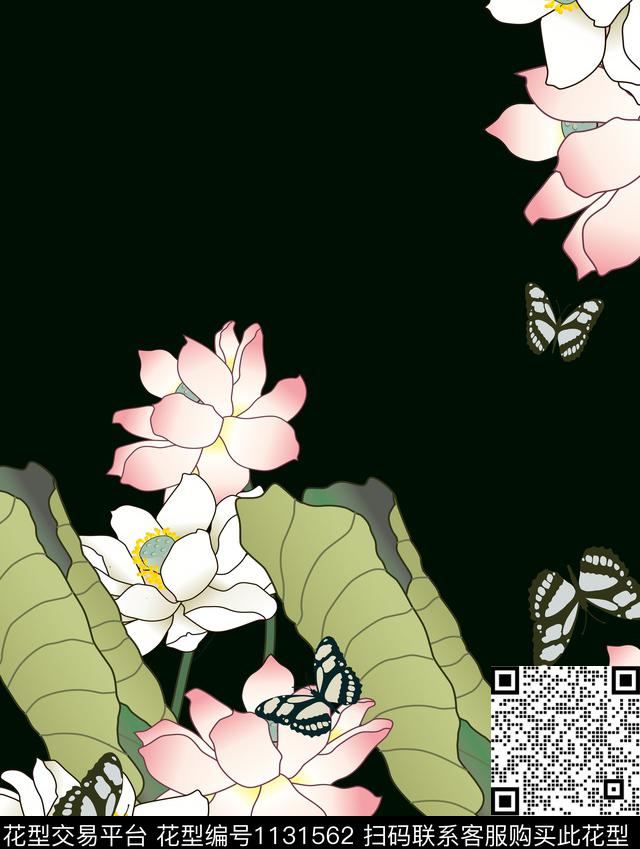 荷花胸前独幅定位花数码印花华亿平台下载（图片编号: 1131562） - 瓦栏（Walan）