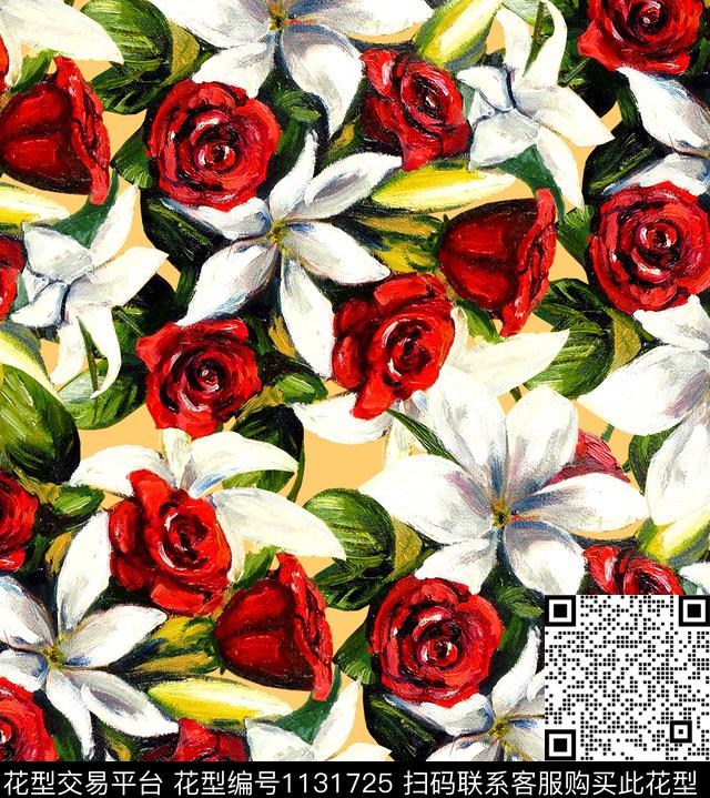 手绘玫瑰牡丹彩底花卉数码印花华亿平台下载（图片编号: 1131725） - 瓦栏（Walan）