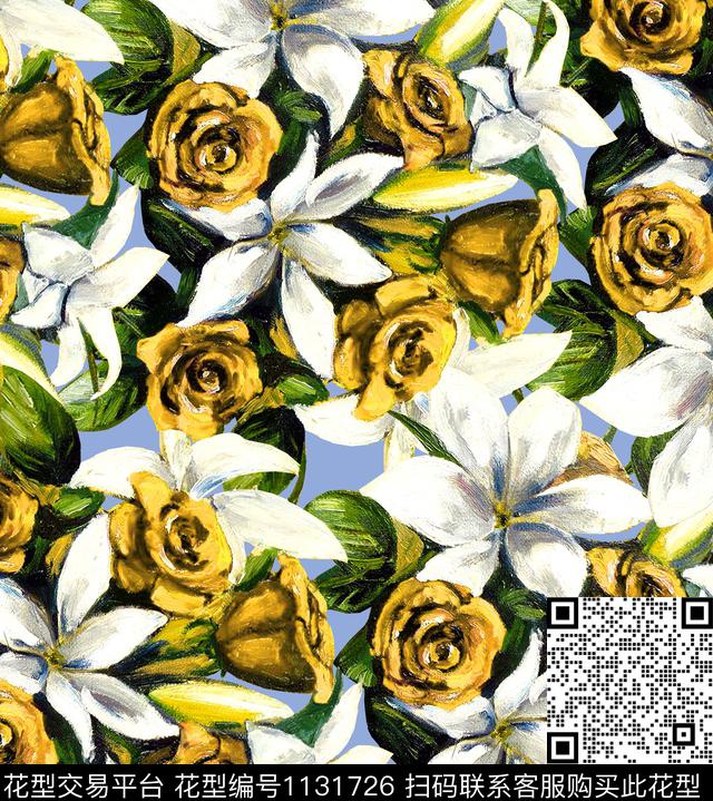 手绘玫瑰牡丹彩底花卉数码印花华亿平台下载（图片编号: 1131726） - 瓦栏（Walan）